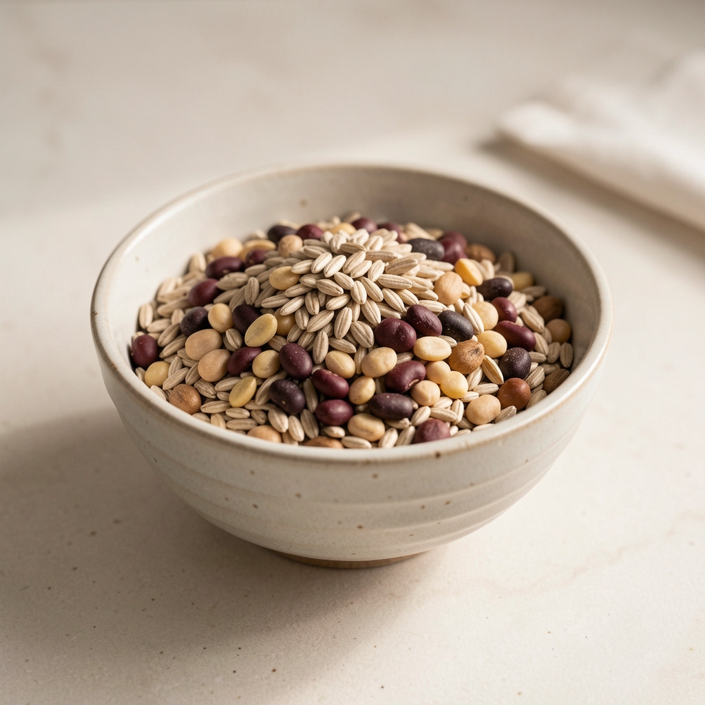 Bowl of whole grains and legumes on a pale ceramic surface, editorial food photography with natural light