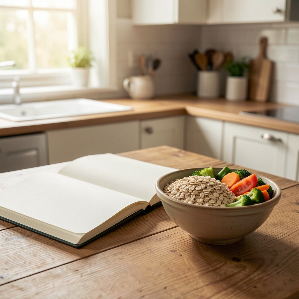 Notebook open beside a bowl of whole grains and vegetables on a kitchen table, natural morning light