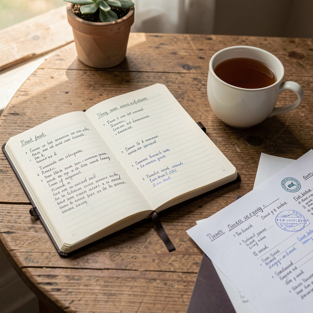 Notebook open on a wooden desk beside a cup of tea, handwritten lists and notes, editorial composition