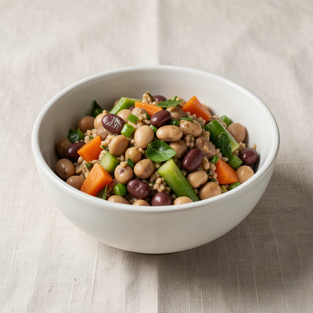 Bowl of plant-based meal with legumes and vegetables on a pale linen surface, editorial food photography