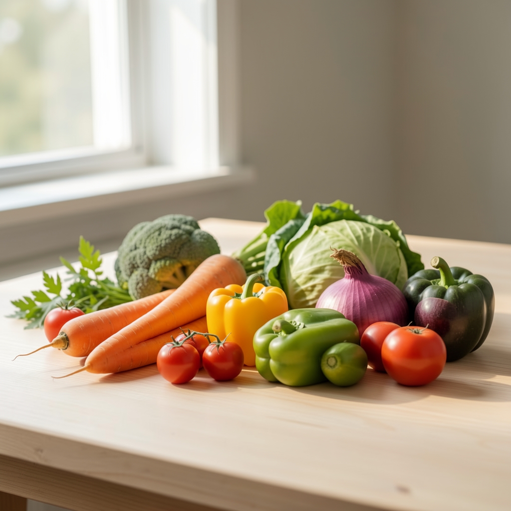 Seasonal vegetables arranged on a pale wooden surface, soft morning light filtering through a window
